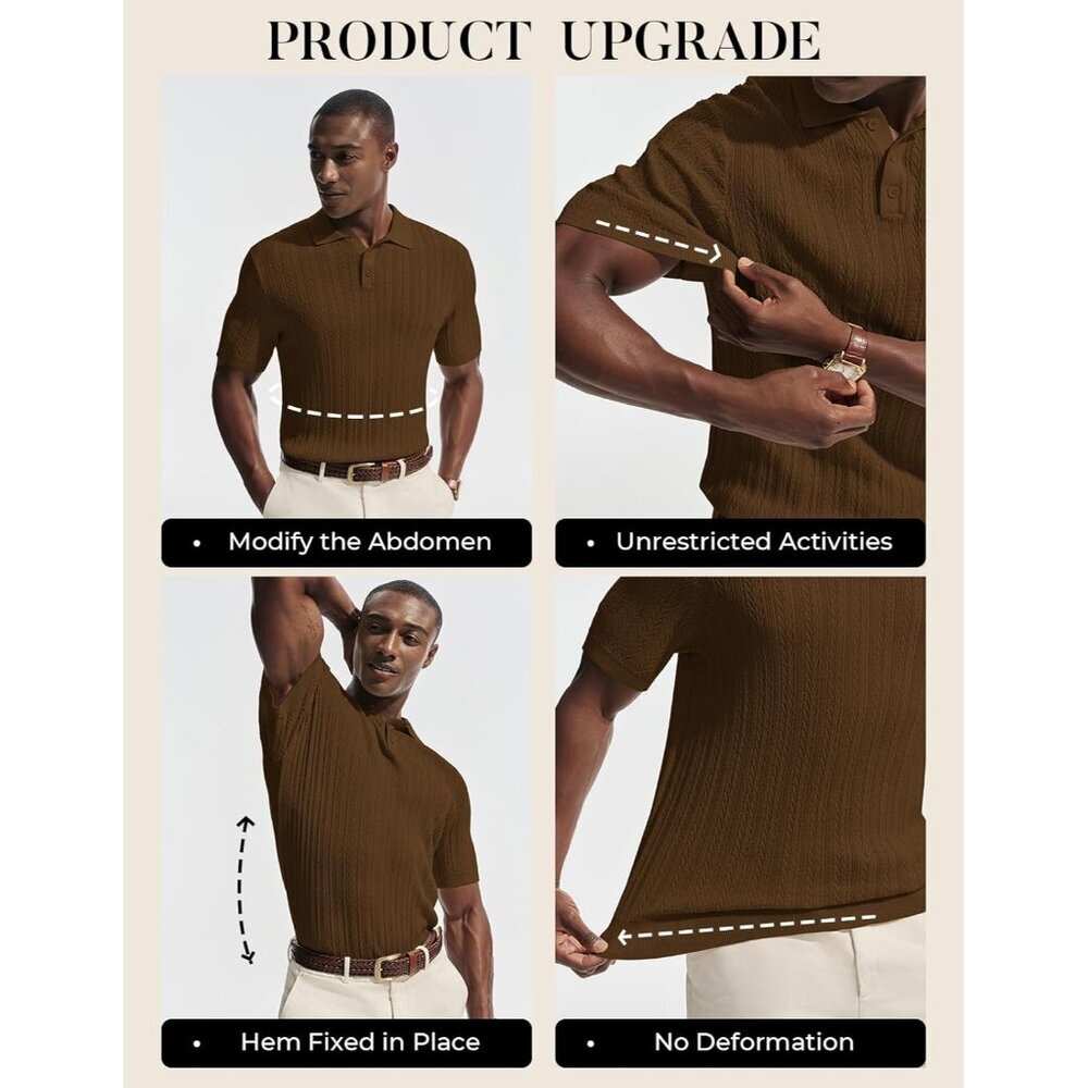 Men's Brown Short Sleeve Knit Casual Lightweight Textured Polo Stretch Shirts - Picture 5 of 6
